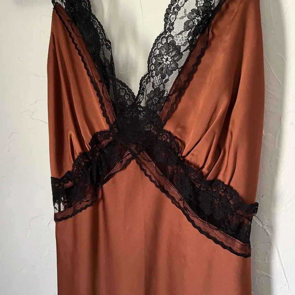 Abercrombie & Fitch Brown Copper Satin Lace Trim Slip Dress Maxi Coquette XS